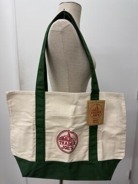 Large Trader Joe's Canvas Tote Bag in Cream and Forest Green